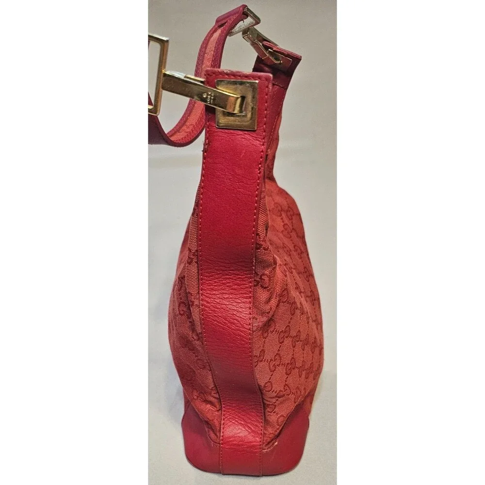 Gucci GG Canvas Hobo Bag Red Model 001‑4204 Leather Trim Gold Hardware Shoulder